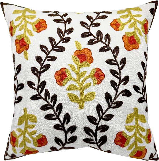 Alysheer Floral Embroidered Fall Decorative Throw Pillow Cover 18"x 18", Farmhouse Cottage Orange Flowers Brown Leaves Knit Pattern Cotton Canvas Cushion Case for Sofa Couch Bed Living Room Decor