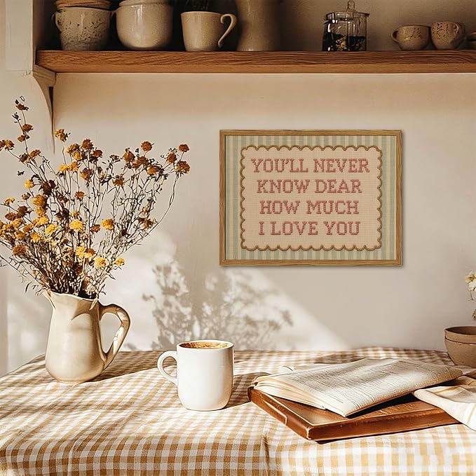 Framed You'll Never Know Dear How Much I Love You Wall Art, Vintage Nursery Pink Green Striped Pictures Wall Decor, Inspirational Quote Paintings Canvas Prints for Girl Bedroom Living Room 12x16 inch