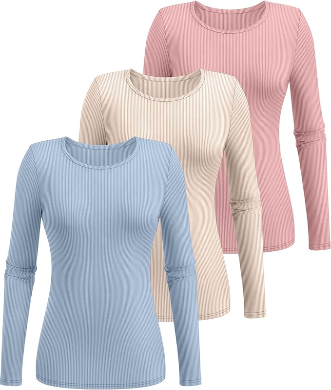 Ficerd 3 Pack Women's Ribbed Long Sleeve Tops, Crew Neck Slim Fit Undershirts Knit Basic Casual Stretch Layering Tee Shirts