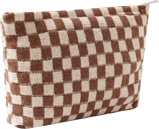 Cosmetic Bags for Women - Corduroy Cosmetic Bag Aesthetic Women Handbags Purses Smile Dots Makeup Organizer Storage Makeup Bag Girls Case Bags (Q-Checkered Khaki)