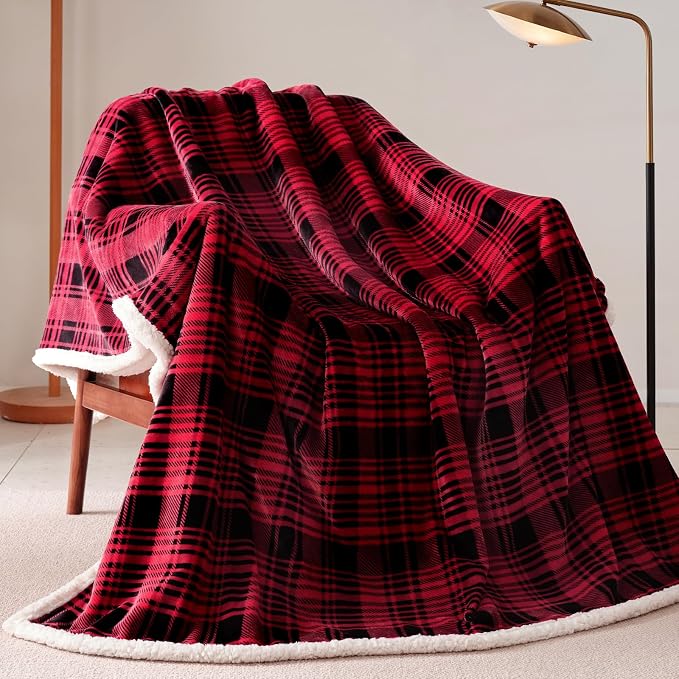 Sherpa Plaid Throw Blanket(60" X 70", Plaid Red), Fuzzy Fluffy Cozy Soft Blanket, Fleece Flannel Plush Twin Size Microfiber Blanket for Couch Bed Sofa