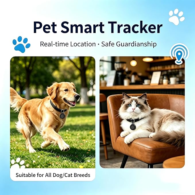GPS Tracker for Dogs/Cats, Smart Collar with Real-Time Location - Pet Location Tracker with Holder, No Monthly Fee/No SIM Card, Works with iOS Find My, Ultra-Slim, IP68 Waterproof,Compact Design