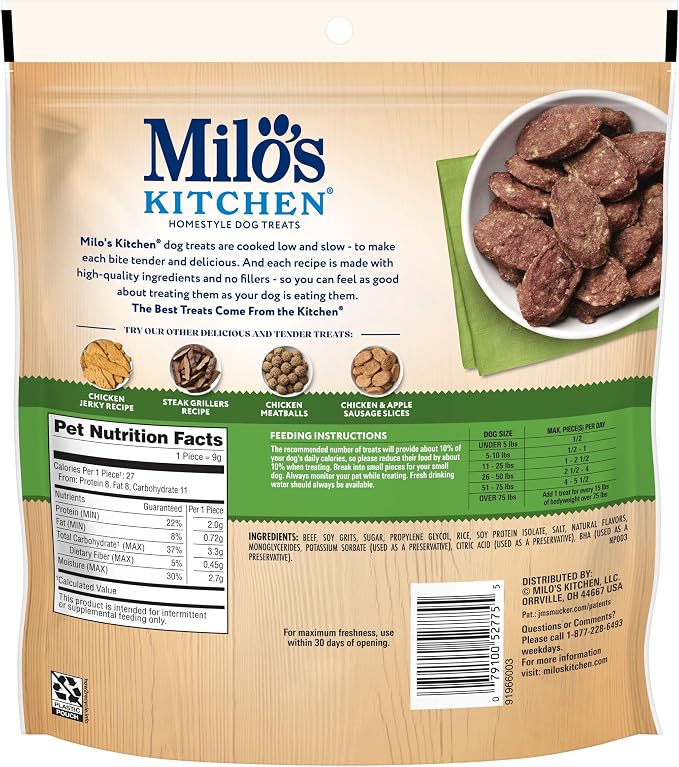 Milo’s Kitchen Beef Sausage Slices With Rice Dog Treats, 10 Oz. Bag