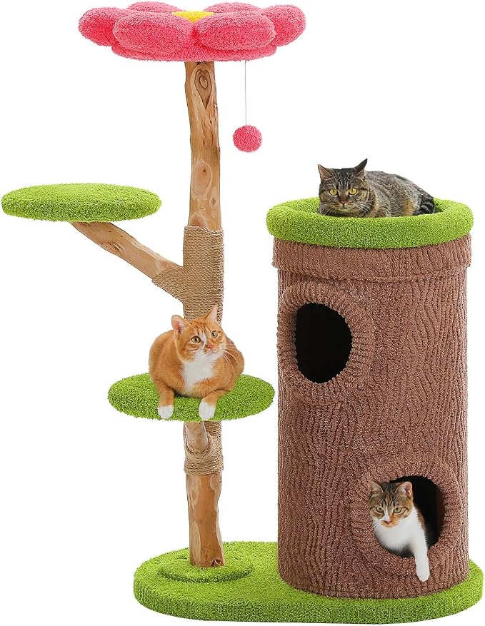 MUTTROS Flower Wood Cat Tree, 53.5" Modern Cat Tower with 2 Condos | Natural solid wood scratching post, durable 2 condos and forest-style design for indoor and multi-cat households