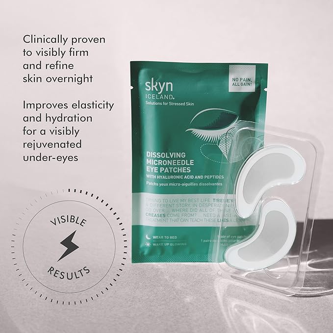 Skyn ICELAND Dissolving Microneedle Under Eye Patches with 39% Hyaluronic Acid and Peptides, No Slip Overnight Eye Mask for Fine Lines, Wrinkles and Hydration, Vegan, All Skin Types, 1 Pair