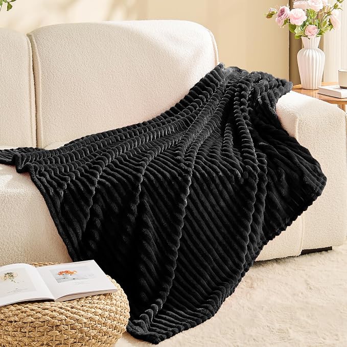 BEDELITE Ribbed Jacquard Black Fleece Throw Blanket for Couch, 50x70 Inch | Soft Warm Decorative Fluffy Blanket, Cozy Plush Lightweight Fuzzy Throw Blanket for Bed Sofa Home Room Decor, Gift for Women