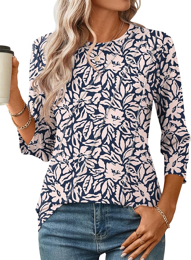LOMON 3/4 Length Sleeve Womens Tops Spring Summer Fashion 2026 Tops Crew Neck Pleated Shirts Tunic Top Loose Fit
