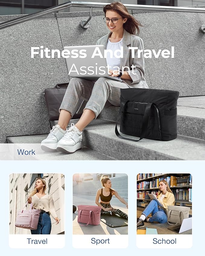 BAGSMART Tote Bag for Women, Lightweight Tote Bag with Yoga Mat Strap, Quilted Handbag for Daily, Work, Gym
