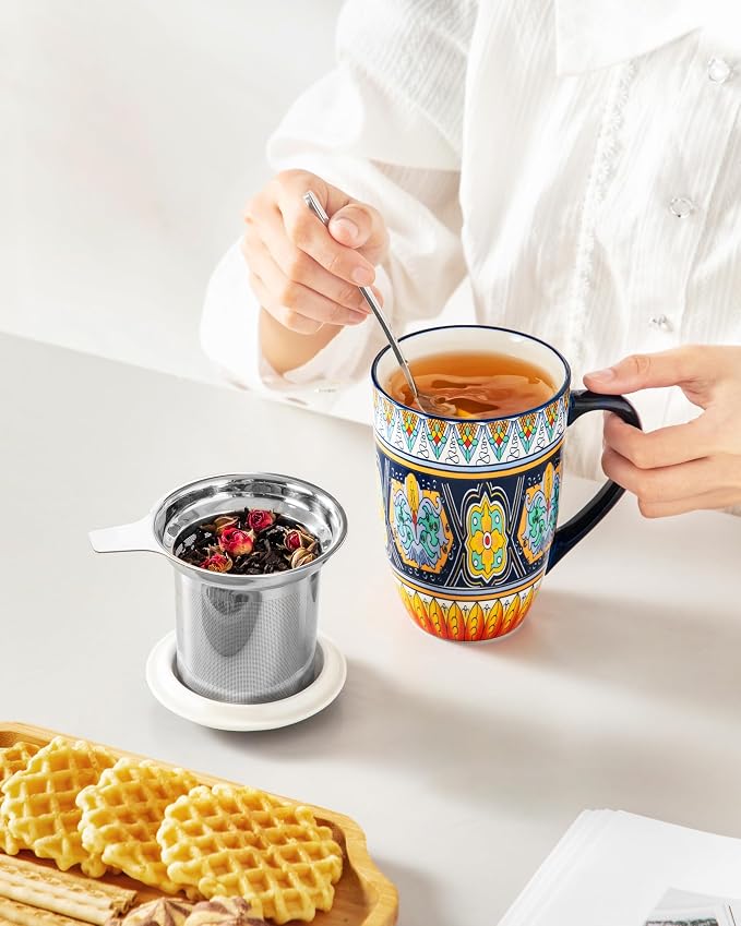 vancasso Ceramic Tea Cup with Infuser and Lid, 18 Ounce Tea Infuser Mug for Loose Leaf Tea, Microwave & Dishwasher Safe, Bohemian Mandala, Gift for Tea Lovers, Forest Daisy Drift
