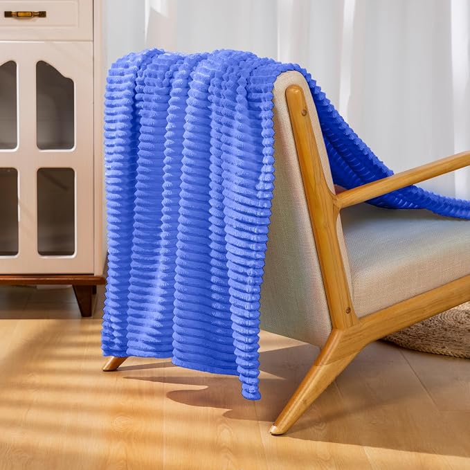 Vessia Flannel Fleece Throw Blanket for Couch,Sofa,Bed, 300GSM Striped Blue Blanket for Adults and Kids, Super Soft Warm Cozy Lightweight Ribbed Throw for All-Season