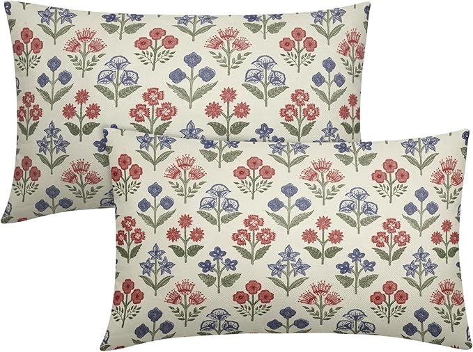4th of July Patriotic Floral Pillow Covers 12x20 Inch Set of 2, Navy Blue Red Green Flower Block Print Decorative Throw Pillowcases Outdoor Memorial Day Holiday Cushion Covers Sofa Couch Bed Decor