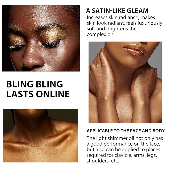 Shimmer Body Oil Summer Body Glitter Moisturizing Light Shimmer Glow Non-Sticky Summer Body Luminizer and Illuminator Smooth (2.8 Fl Oz (Pack of 1), Gold)