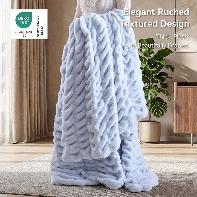 Light Blue Fluffy Blanket for Couch - Luxury Faux Rabbit Fur 60"x80" | Ultra Soft & Plush Comfort Ruched Blanket, Cozy Fuzzy Fleece Throw for Sofa, Bed & Office, Gift for Women, Blue Room Decor