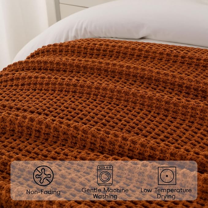 Waffle Knit Blanket Throw, Fall Caramel Throw Blanket for Couch, 50"x60" | Chunky Chenille Throw Blanket, Soft Rust Throw Blanket for Home Decor, Autumn, Sofa, Modern Farmhouse Knitted Style