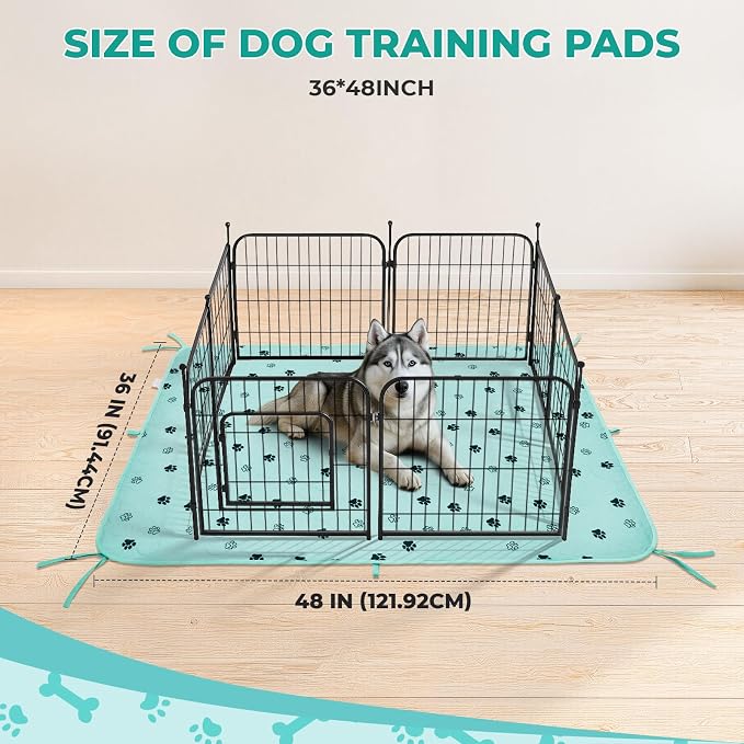 Fostanfly Washable Pee Pads for Dogs, Leak-Proof, 36"x48"-2 Pack, Green | Ultra-Absorbent, Waterproof, Non-Slip, Large Reusable Pee Pads for Puppy Potty Training, Crate and Playpen with 8 Tie Straps