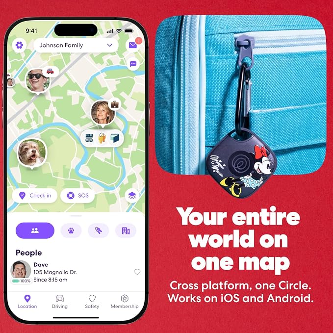 Life360 Tile Starter Pack - Minnie Mouse - Bluetooth Trackers and Item Finders for Keys, Wallets & More. Both iOS and Android Compatible. Phone Finder. 2-Pack (Black Mate/Slim)