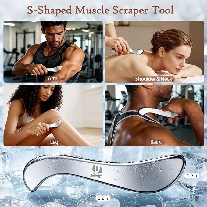 304 Stainless Steel Gua Sha Tools Set, Facial & Full Body Scraping Massage Kit with Zinc Alloy Eye Roller, 3 Pack Ergonomic Muscle Scraper for Home Daily Self Care & Workout Recovery