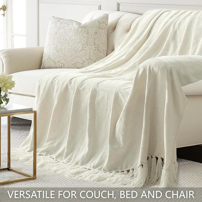 Chenille Throw Blanket for Couch 60" x 80" Twin, Ivory White | Soft Cozy Warm Throws with Fringe Tassel, for Living Room Bed Sofa Chair Cover, Lightweight Knitted Decorative Boho Blankets