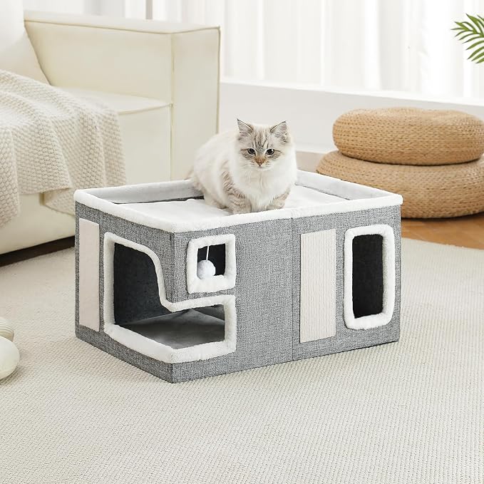 Large Cat Houses for Indoor Cats, Extra Wide Cat Cave Bed with Scratch Pad and Fluffy Ball, Foldable Cat Hideaway Condo for Large Cats, Modern Kitten Bed,23x16x13 inches (Grey, X-Large)
