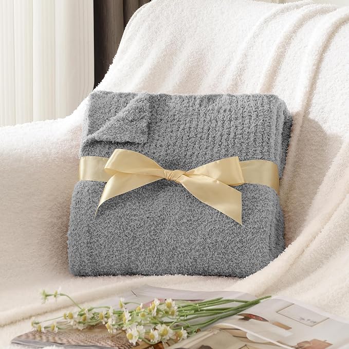 Grey Throw Blanket for Bed, Super Soft Knit Blankets, Cozy Fleece Fuzzy Fluffy Plush Chenille Throws Blanket for Couch, Sofa, Light Gray, 60 x 80 inches