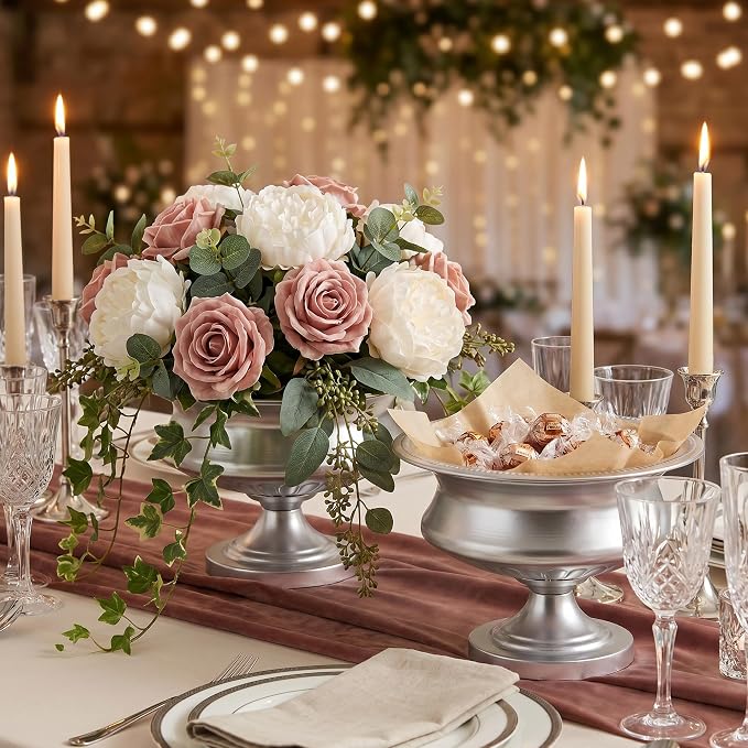 Worth 8" H. Silver Color Urn Vase for Centerpieces, 11.8" Dia. Metal Trumpet Small Flower Pots for Table, Bowl Vase for Wedding Party Event Home Decor, Smooth, Non-Aged Finish