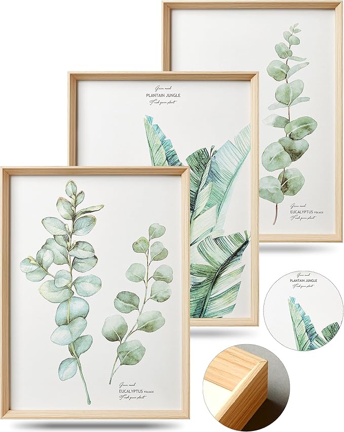 12x16IN Green Plant Eucalyptus Leaf Framed Wall Art, Set of 3 | Minimalist Botanical Canvas Prints for Living Room, High-Framed Wood Design Flower Artworks Poster for Bathroom Bedroom