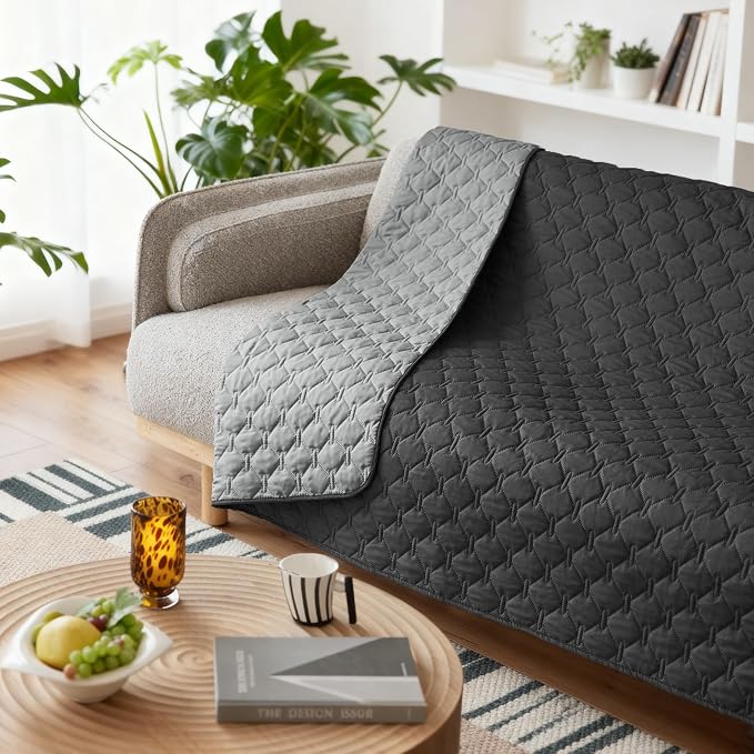 gogobunny Waterproof Dog Blankets for Large Dogs, Pet Bed Cover Breathable | Washable Pee Pads, Quilted Throw Blanket, Furniture Protector for Couch Sofa Bed Car, 82x82 Inch Dark/Light Charcoal