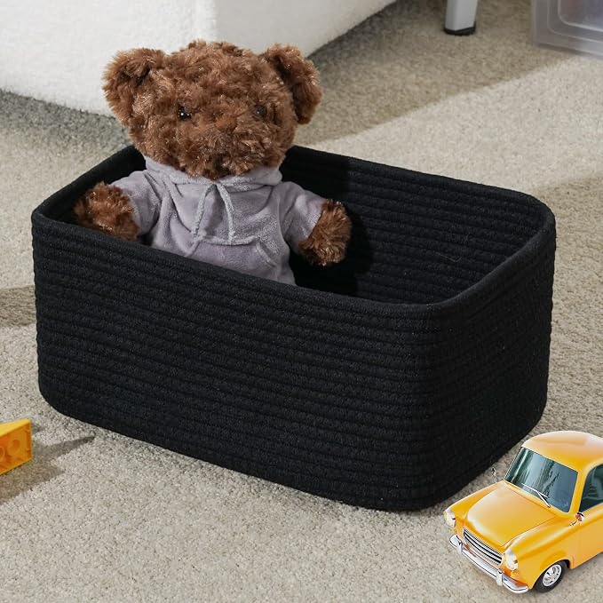 3 Pack Storage Baskets for Organizing, 13.7×9.5×6.3", Black | Woven Baskets for Shelves, Cotton Rope Basket for Gifts Empty, Closet Organizer Bins with Handles, Cube Decorative Box