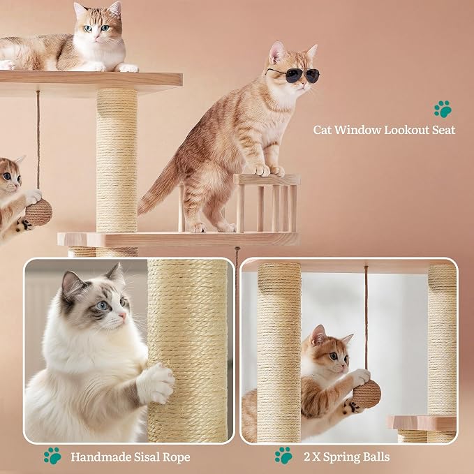 DWVO 40 Inch Pine Wood Cat Tree | Multi‑Level Cat Tower with Cat House, Observation Perches, Plush Bed, Sisal Scratching Posts & Interactive Balls