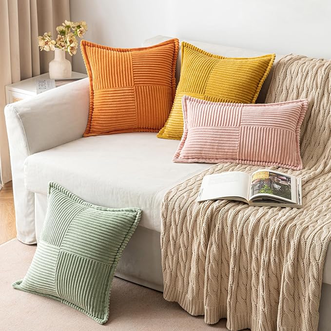MIULEE Fall Burnt Orange Decorative Throw Pillow Covers 16x16 Inch 2 Pack | Boho Broadside Striped Patchwork Pillow Covers, Soft Corduroy Cushion Cases, For Couch Sofa Bed Livingroom Home Decor
