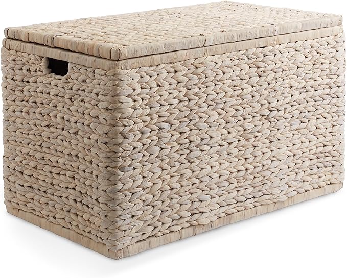 Casafield 30" Storage Chest with Lid, Handles, and Safety Hinge - Whitewash White, Hyacinth Wicker Storage Trunk for Entry Way, Living Room, Bedroom