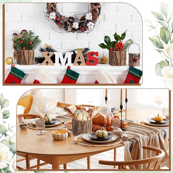 12 Pcs Wooden Vase for Centerpieces Wedding Flower Table Centerpieces Woodland Party Decor Rustic Farmhouse Bark Stump Buckets Vintage Planter Pots for Garden Baby Shower Window Home (Large)