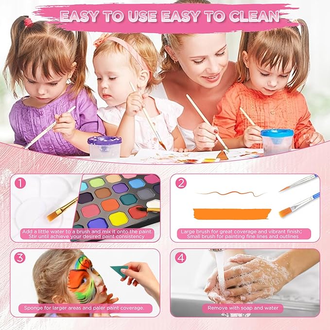 Face Painting Kit DIY Body Art Set - 24 Colors With Stencils Brushes and Hair Chalk - Professional Body Makeup Kit for Parties Birthdays Halloween