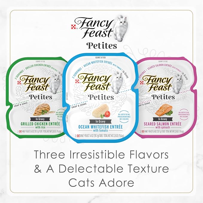 Fancy Feast Purina Gourmet Wet Cat Food Variety Package,Petites Gravy Collection,Break-Apart tubs,96 Servings - 2.8 oz. Tubs,(Pack of 48)
