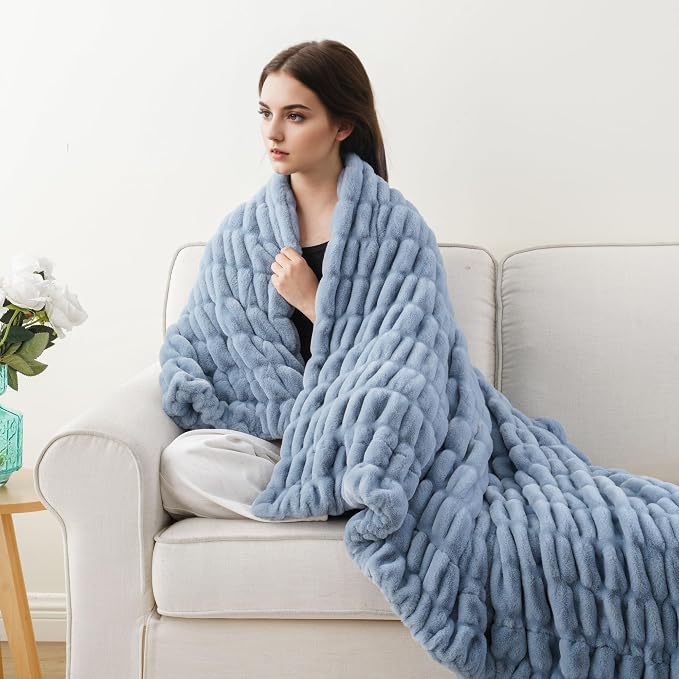 BATTILO Large Faux Fur Throw Blanket for Couch, 60"x80", Doube Side | Dusty Blue Throw Blanket, Super Soft Cozy Mink Warm Thick Faux Rabbit Fur Blanket For Bed, Sofa Living Room