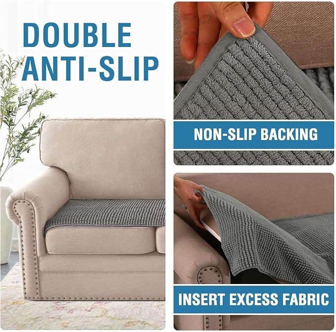H.VERSAILTEX Plush Chenille Couch Cover for 3 Cushion Couch Anti Slip Washable Sofa Slipcovers Soft and Durable Furniture Protector for Dogs Cats Kids (27.5" x 82", Gray)