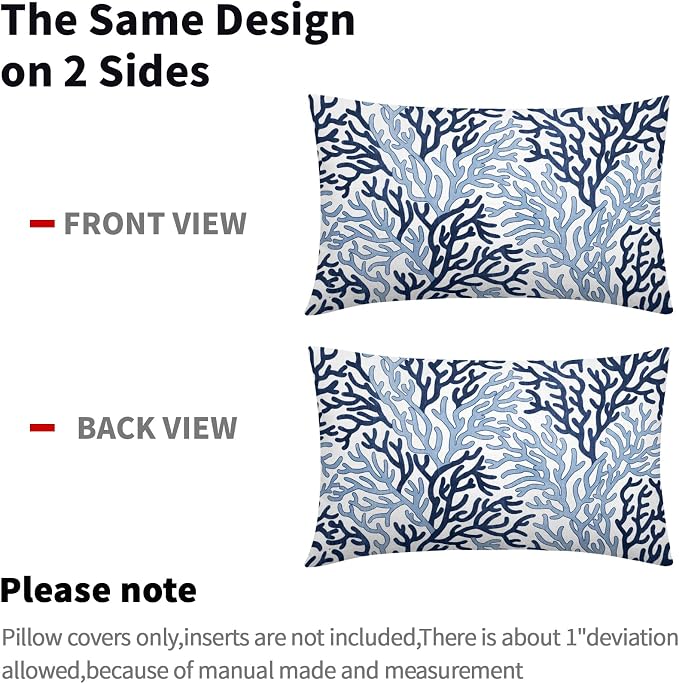 Summer Coastal Coral Lumbar Pillow Covers 12x20 Inch Set of 2 Nautical Blue Whtie Ocean Themed Beach Pillow Cases Outdoor Linen Square Cushion Cover Farmhouse Decor for Bedroom Home Sofa Couch