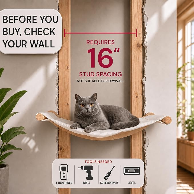Cat Wall Hammock with 2 Steps for Large Cats | Complete cat wall shelves set with a roomy 21-inch wall mounted cat hammock, removable cushion and 2 sturdy climbing steps