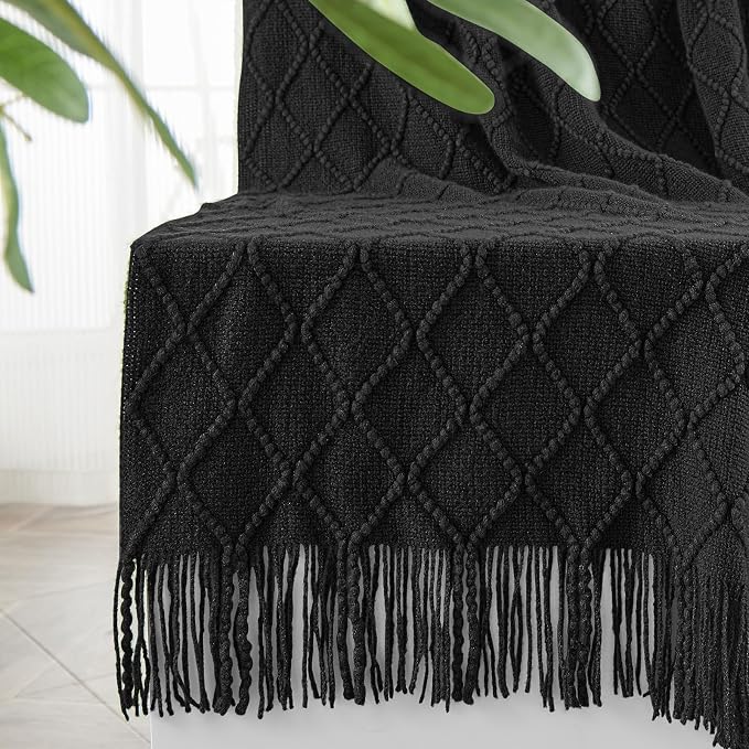 inhand Black Knitted Throw Blanket for Couch and Bed, 50"x60" | Soft Cozy Knit Blanket with Tassel, Lightweight Decorative Blankets and Throws, Farmhouse Warm Woven for Men and Women