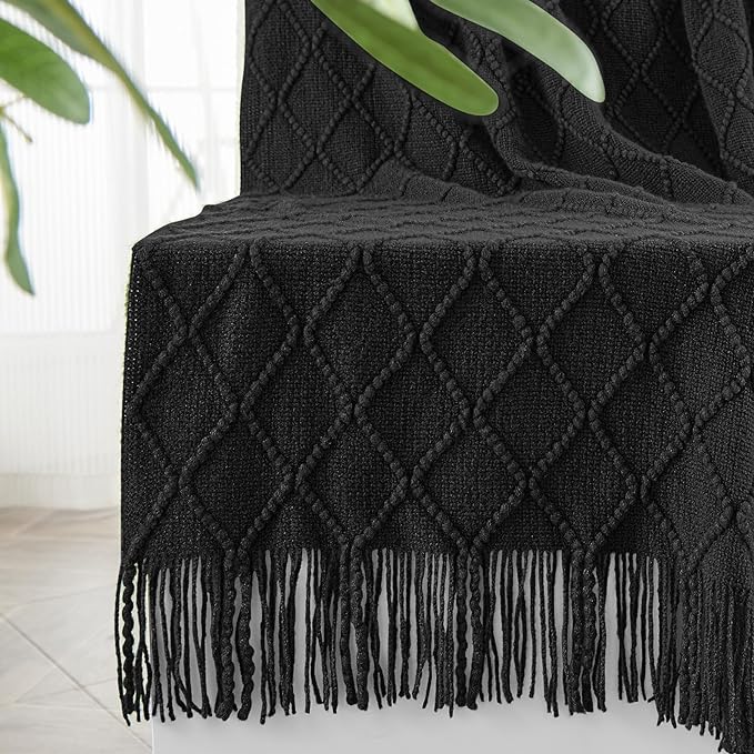 inhand Black Knitted Throw Blanket for Couch and Bed, 60"x80" | Soft Cozy Knit Blanket with Tassel, Lightweight Decorative Blankets and Throws, Farmhouse Warm Woven for Men and Women