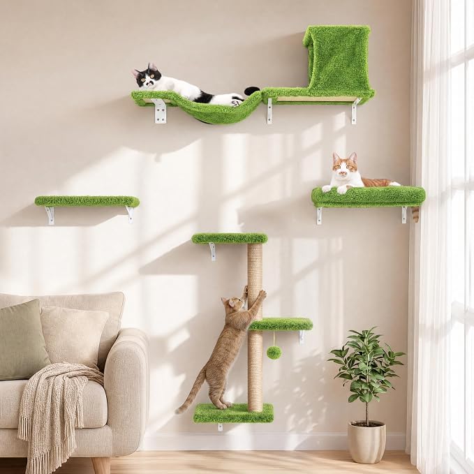 FUKUMARU Cat Wall Shelves, 4 in 1 Set, Green | Stable & Safe Cat Walls Furniture, Wooden Kitten Climbing Wall with Scratching Post for 16 Inch Drywall