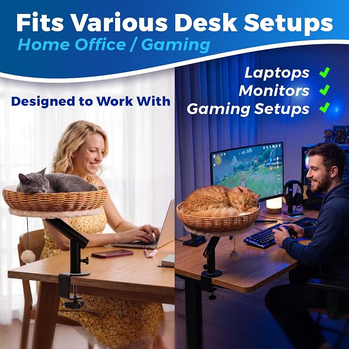PetLovers Cat Desk Bed - Rattan Elevated Desk Cat Bed Attachment with Removable Washable Cushion, 360° Swivel Arm, Secure Clamp - Keeps Your Pet Close While You Work or Play