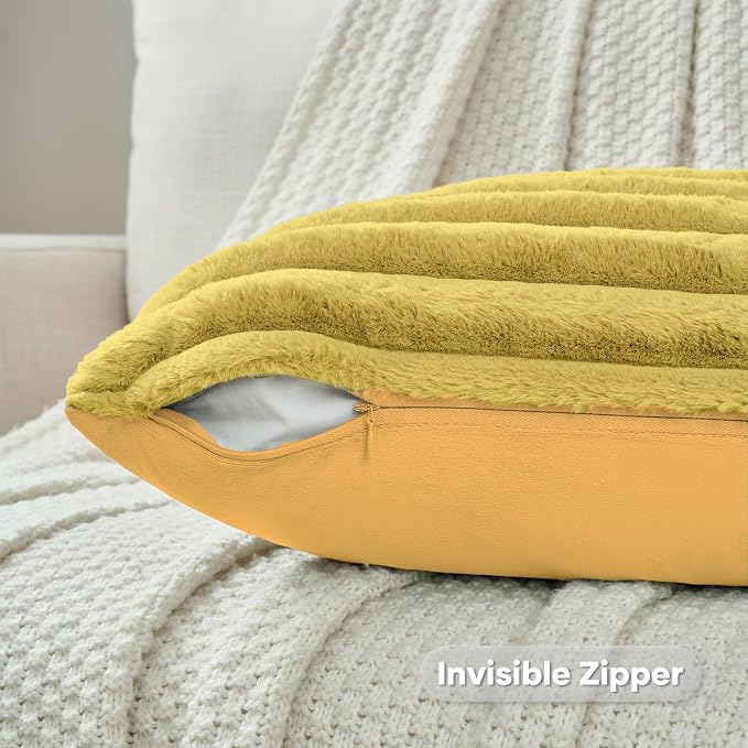 FUTEI Pack of 2 Faux Fur Throw Pillow Covers 24x24 Inch, Mustard Yellow | Fluffy Faux Rabbit Fur Front/Premium Velvet Back,Hidden Zipper,Machine Washable,Non-Shedding,Colorfast,Insert Not Included.
