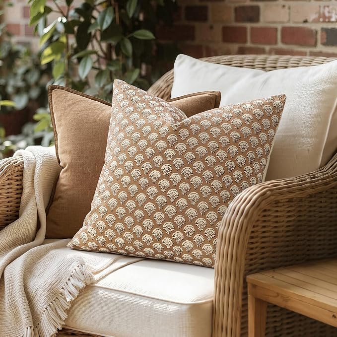 MIULEE Floral Print Decorative Pillow Covers 20x20, Cognac | Vintage Boho Farmhouse Modern Home Decor, Set of 2, Block Print Cushion Covers for Couch Sofa Bed Living Room