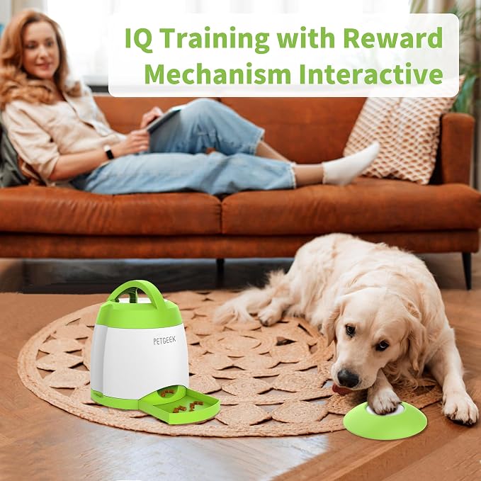 PETGEEK Automatic Dog Treat Dispenser with Button - Puzzle Memory Training Feeder, Pet Geek Button Treat Food Dispensing Toys Interactive, Iq Training Dog Feeder (Green)