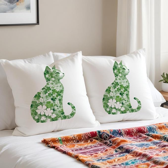 St Patrick's Day Cat Pillow Covers, 18x18, Four Leaf Clover, Lucky Shamrock, St Patrick's Day Decorations for Sofa, Bed, Living Room