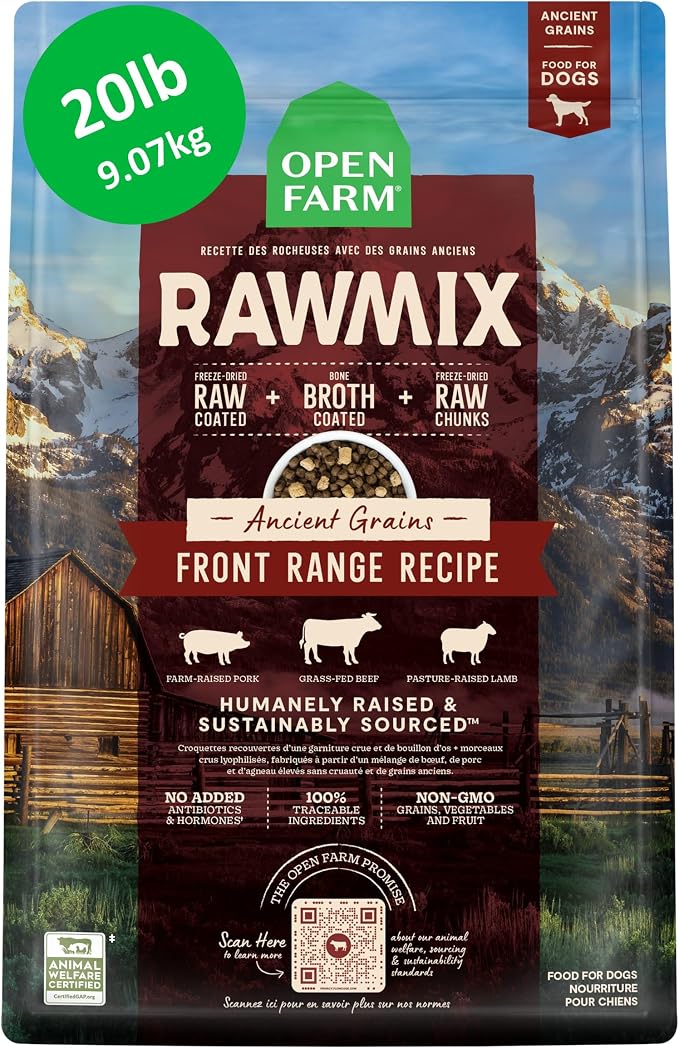 Open Farm RawMix Ancient Grains Dry Dog Food, Front Range Kibble, 20lb Bag | Grass Fed Beef, Pasture Raised Lamb, Humanely Raised Pork, Freeze Dried Raw Chunks, 100% Traceable Ingredients.