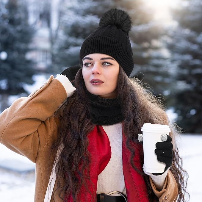 SATINIOR 5 Pcs Winter Hat Scarf Gloves Set Fleece Lined Knit Beanie Hat Warm Touch Screen Gloves Earmuff Warmer for Women(Black,Beauty Style)
