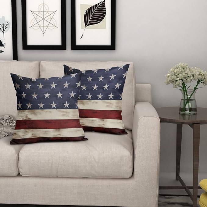 Independence Day American Flag Throw Pillow Covers Set of 2 18X18 Inches 4th of July Blue Red Pillow Cases Patriotic Stripes Star Pillow Cover Home Decor For Memorial Day Room Bed Porch Couch Outdoor