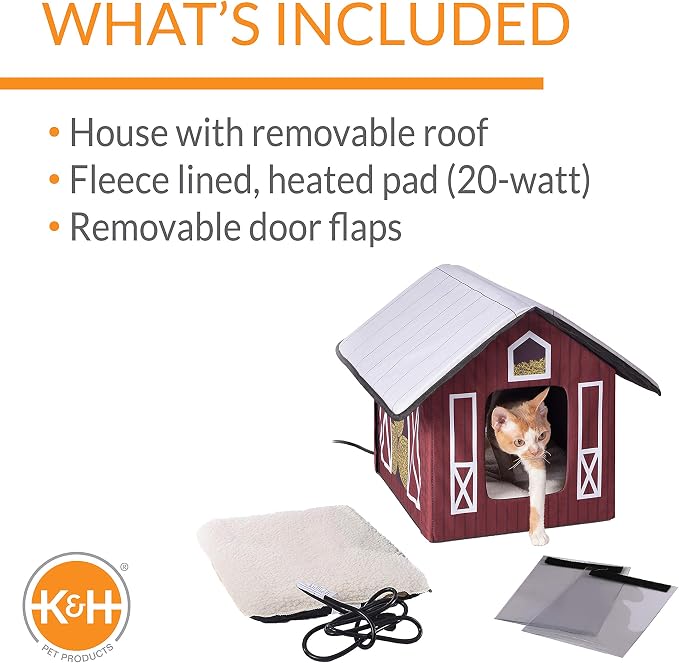 K&H Heated Cat House, Outdoor Kitty Shelter, Safety Listed, 20W, Barn | Heated Cat House for Outside, Weatherproof Shelter for Ferals, Insulated with Smart Thermostat, 2 Doors, Waterproof Bed